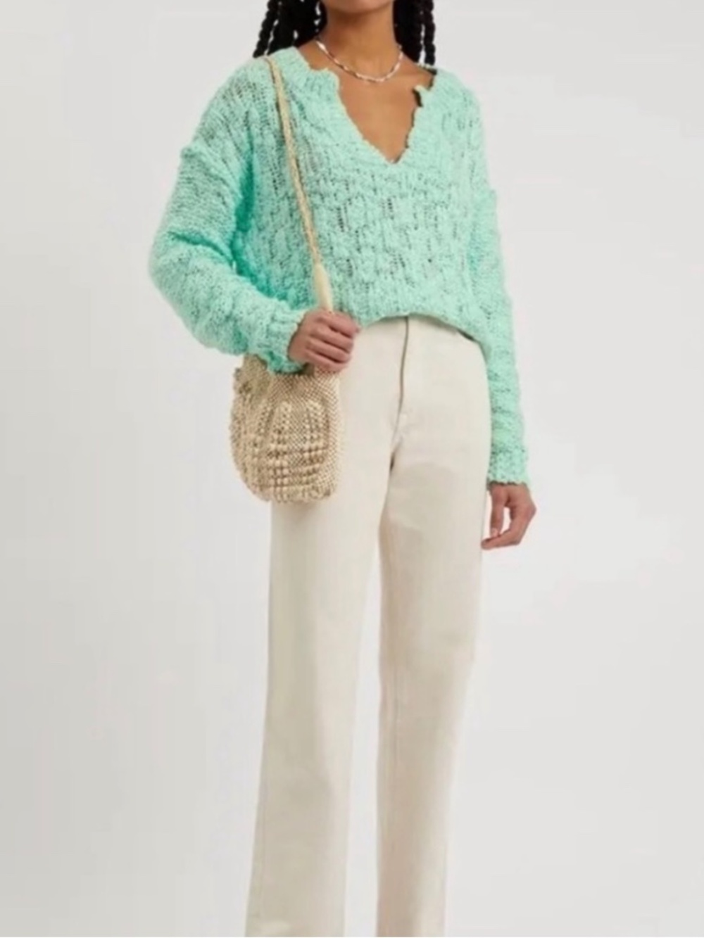 Free People Josephine Mint Open Knit V Neck Sweater